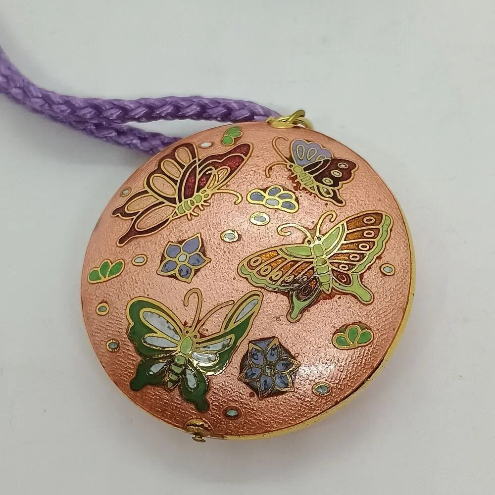 Cloisonne Butterfly Pendant Necklace Peach Enamel Art